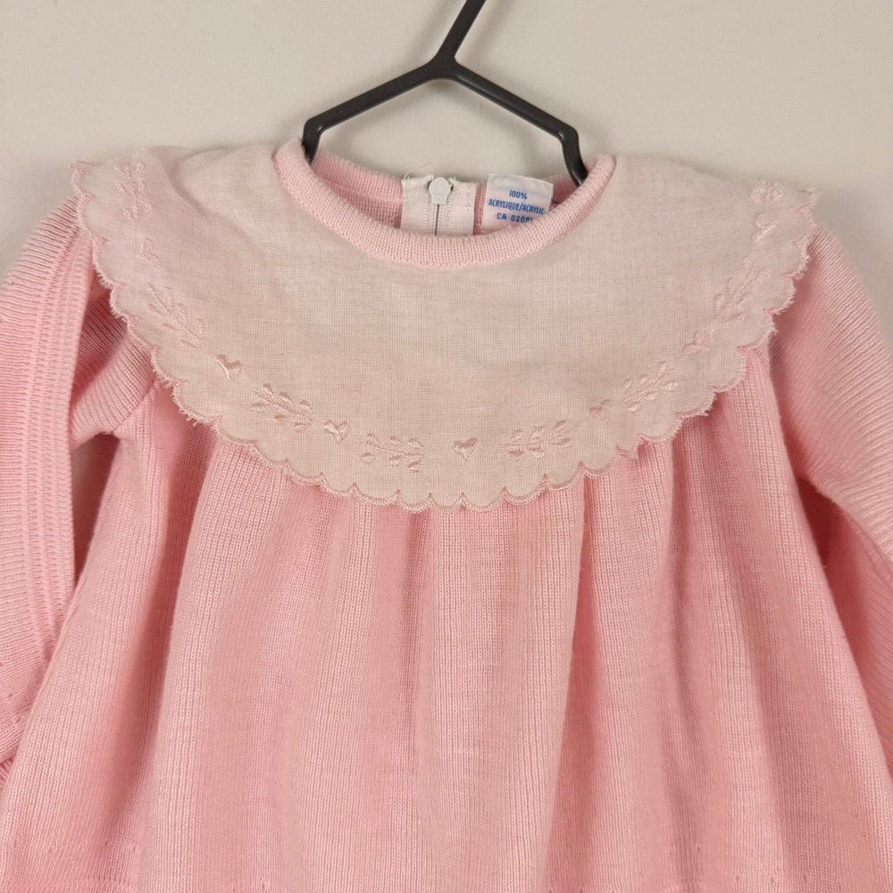Vintage Bebe Kids Pink Knit Dress Embroidered Peter Pan Collar Long Sleeve 14in‎